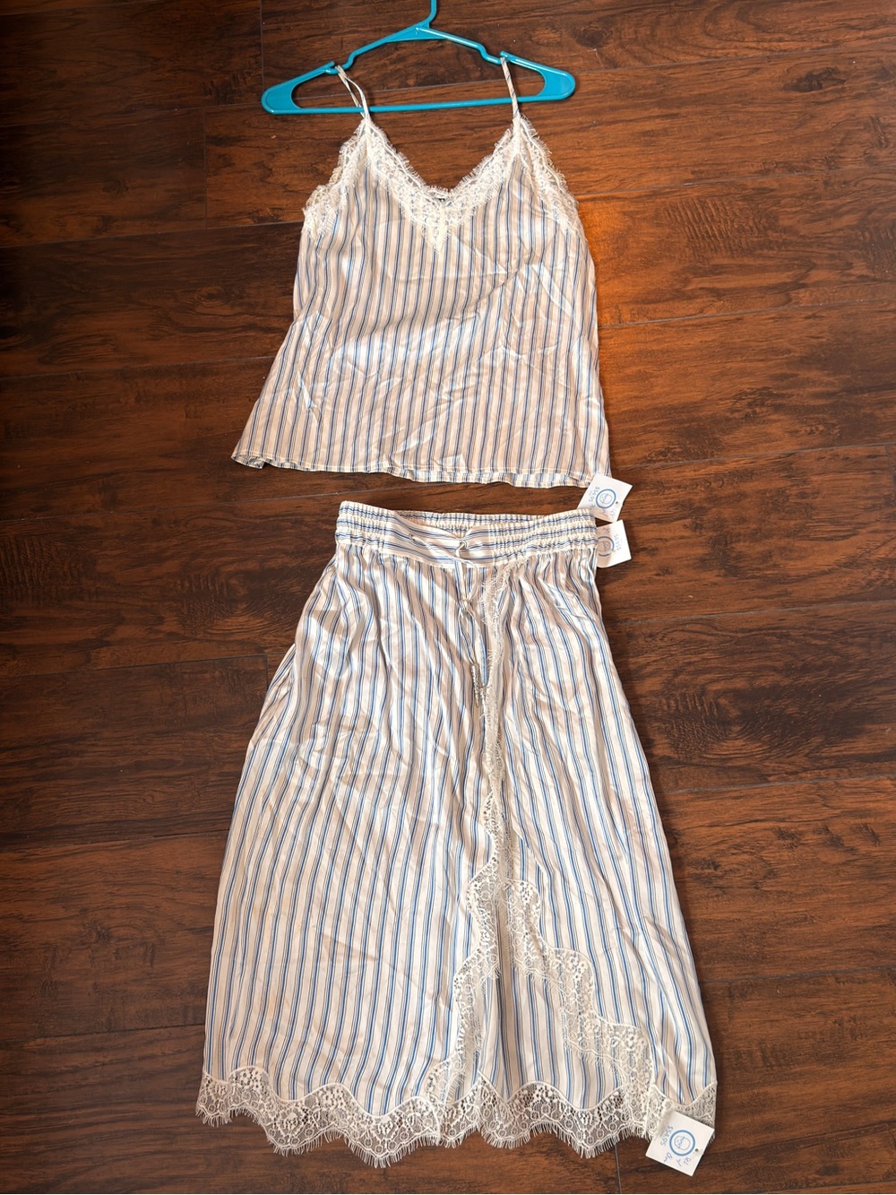 The Kooples Blue and White Striped Lace-Trim Midi Dress Set